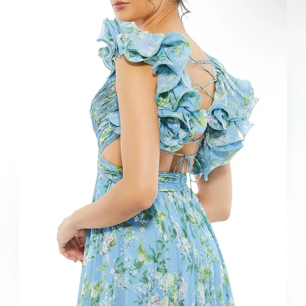 Mac Duggal 🩵 Blue Floral Ruffle Tiered Cut-Out Chiffon Gown – Size 8 NWT - Picture 5 of 16